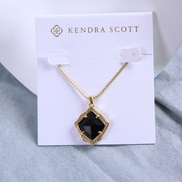 Kendra Scott Kacey Long Pendant Necklace. Gold Black Opaque Glass - Picture 1 of 2